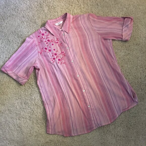 Vintage Alia Pink Striped Floral Embroidered Button Down Shirt - Picture 11 of 16
